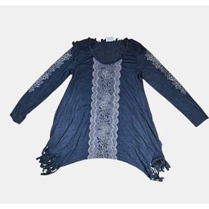 Vocal‎ Rhinstones Embellished Long Sleeve Tunic Top S Fringed Hem Hippie Boho